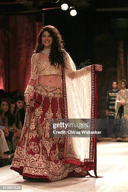 Jacqueline Fernandez showcases designs by Anju Modi during day 1 of Lakme Fashion Week Winter/Festive 2014 at The Palladium Hotel on August 20, 2014...