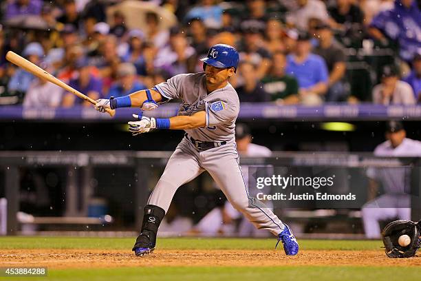 Norichika Aoki of the Kansas City Royals bats against the Colorado Rockies at Coors Field on August 20, 2014 in Denver, Colorado. The Rockies...