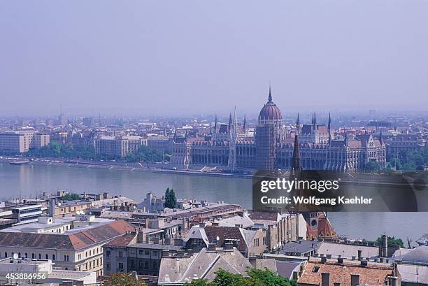 Hungary, Budapest, Buda, Fishermen's Bastion, View Of Danube River And Parliament Building.
