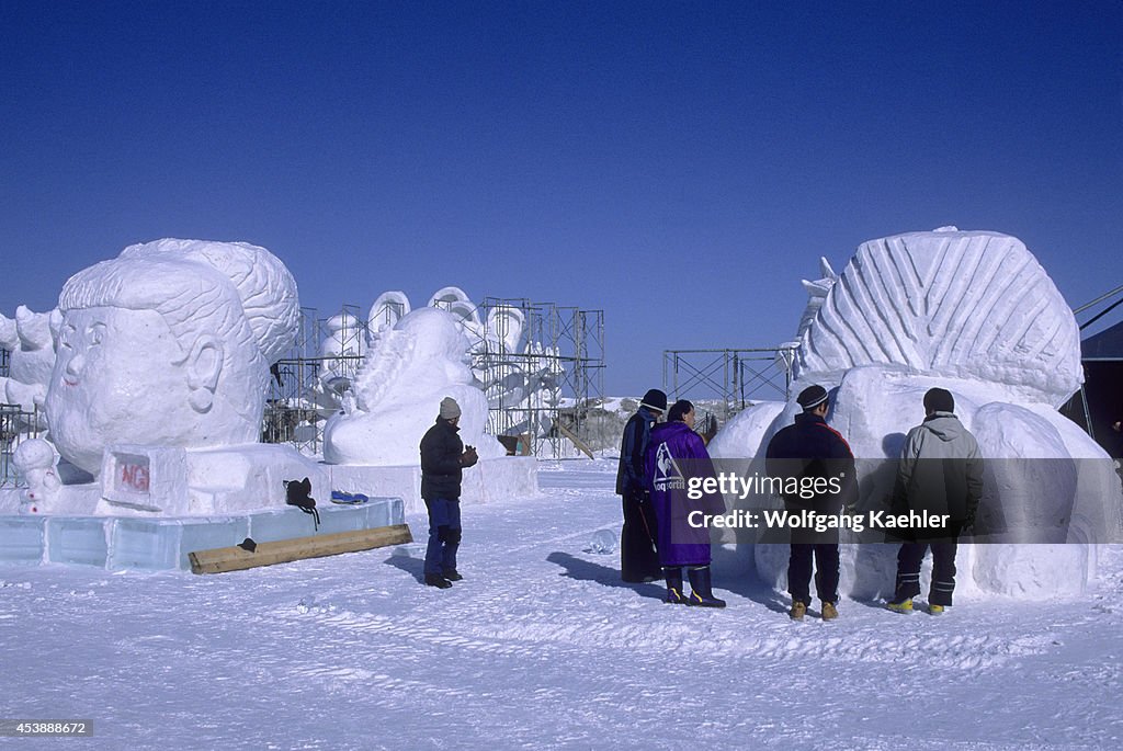 Japan, Hokkaido Island, Abashiri, People Building Ice...