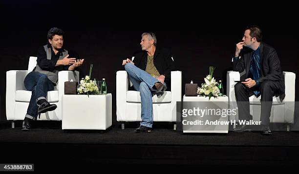 Andy Serkis, Stephen Lang and moderator Dr Paul Debevec speak on stage at the Cinematic Innovation Summit ahead of the 10th Annual Dubai...