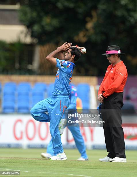 Bhuneshar Kumar of India bowls during the 1st Momentum ODI match between South Africa and India at Bidvest Wanderers Stadium on December 05, 2013 in...