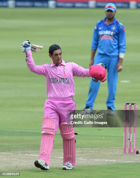 Quinton de Kock of South Africa celebrates his 100 during the 1st Momentum ODI match between South Africa and India at Bidvest Wanderers Stadium on...
