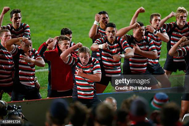 Westlake Boys celebrate after winning the curtainraiser North Harbour Rugby 1st XV schoolboy final over Rosmini College at QBE Stadium on August 21,...