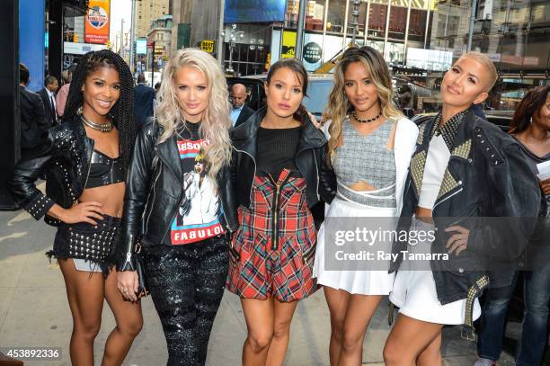 Singers Simone Battle, Lauren Bennett, Natasha Slayton, Emmalyn Estrada, and Paula van Oppen, of G.R.L., leave the "Good Morning America" taping at...