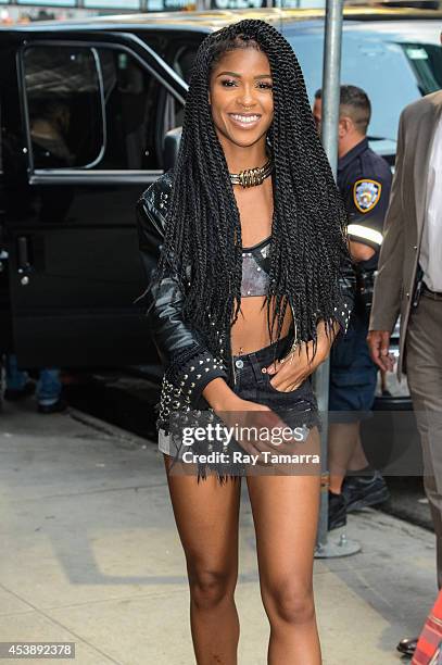 Singer Simone Battle, of G.R.L., leaves the "Good Morning America" taping at the ABC Times Square Studios on August 20, 2014 in New York City.