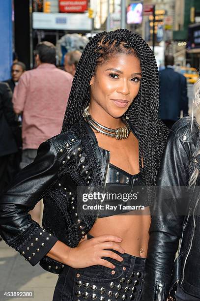 Singer Simone Battle, of G.R.L., leaves the "Good Morning America" taping at the ABC Times Square Studios on August 20, 2014 in New York City.