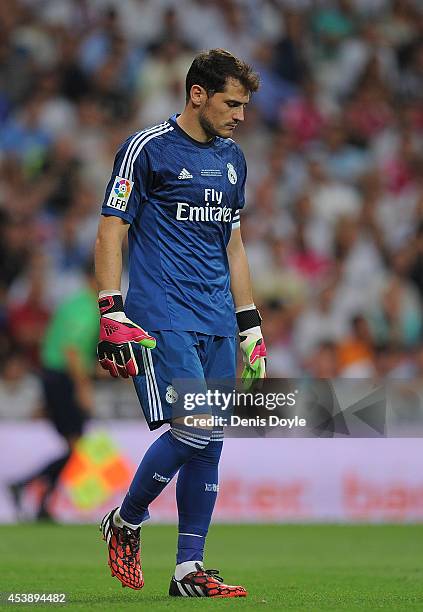 Iker Casillas of Real Madrid looks on during the Supercopa first leg match between Real Madrid and Club Atletico de Madrid at Estadio Santiago...