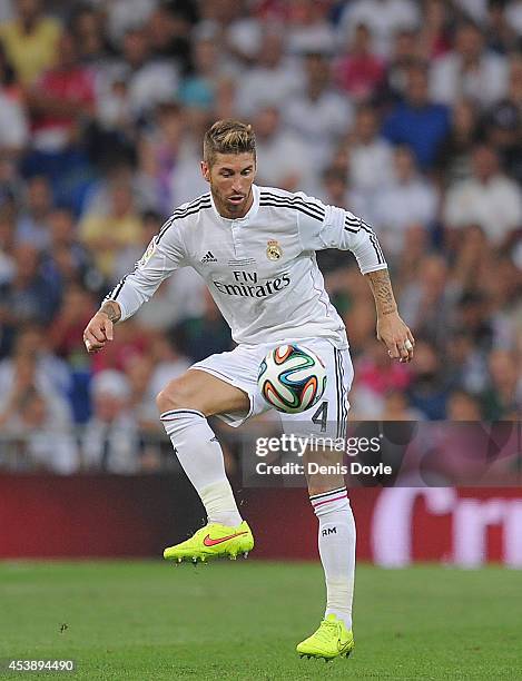 Sergio Ramos of Real Madrid in action during the Supercopa first leg match between Real Madrid and Club Atletico de Madrid at Estadio Santiago...