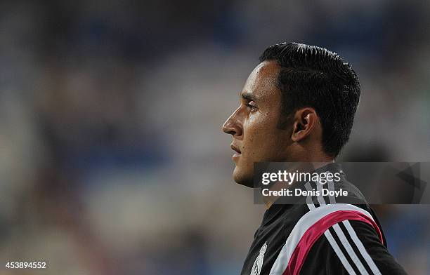 Keylor Navas of Real Madrid looks on during the Supercopa first leg match between Real Madrid and Club Atletico de Madrid at Estadio Santiago...