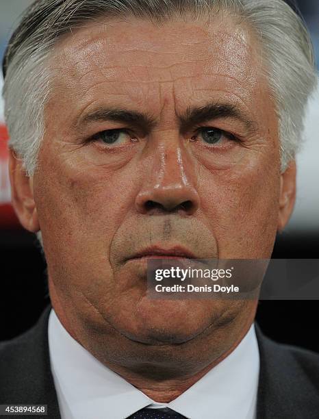 Head coach of Real Madrid Carlo Ancelotti looks on during the Supercopa first leg match between Real Madrid and Club Atletico de Madrid at Estadio...