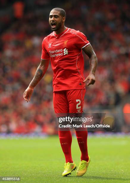 Glen Johnson of Liverpool in action during the pre-season friendly match between Liverpool and Borussia Dortmund at Anfield on August 10, 2014 in...