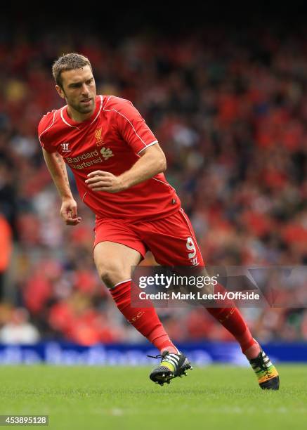 Rickie Lambert of Liverpool in action during the pre-season friendly match between Liverpool and Borussia Dortmund at Anfield on August 10, 2014 in...