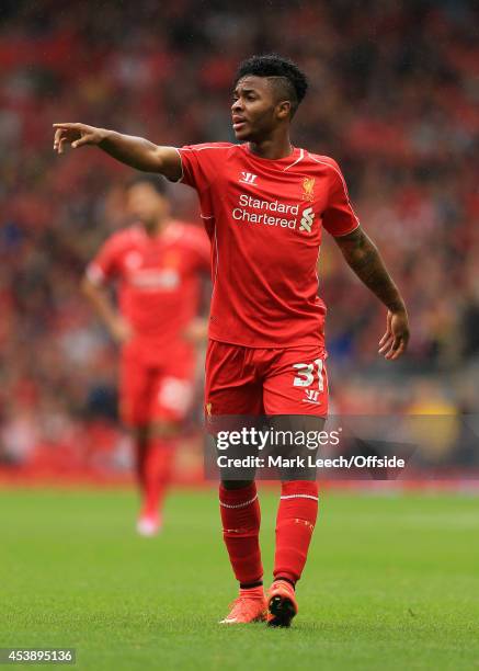 Raheem Sterling of Liverpool gestures during the pre-season friendly match between Liverpool and Borussia Dortmund at Anfield on August 10, 2014 in...