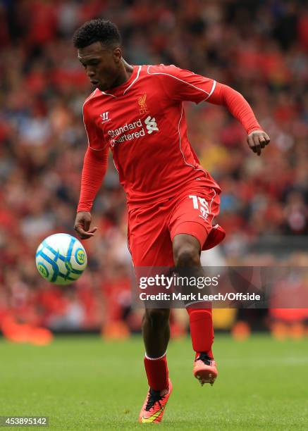 Daniel Sturridge of Liverpool in action during the pre-season friendly match between Liverpool and Borussia Dortmund at Anfield on August 10, 2014 in...