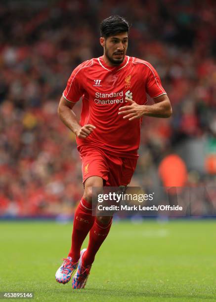 Emre Can of Liverpool in action during the pre-season friendly match between Liverpool and Borussia Dortmund at Anfield on August 10, 2014 in...