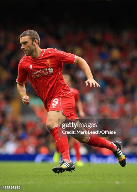 Rickie Lambert of Liverpool in action during the pre-season friendly match between Liverpool and Borussia Dortmund at Anfield on August 10, 2014 in...