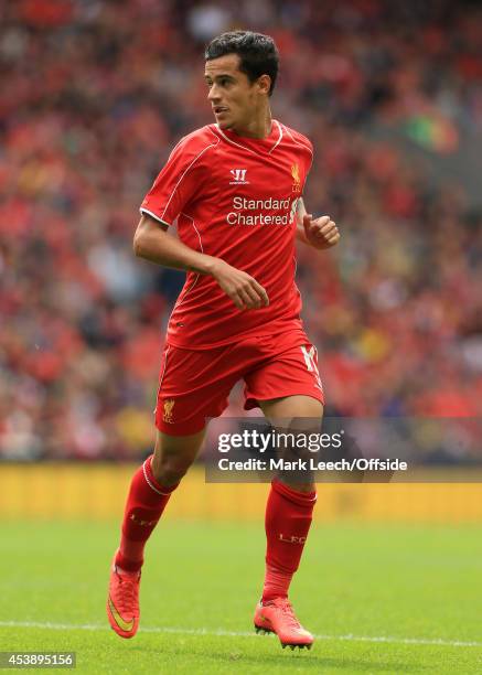 Philippe Coutinho of Liverpool in action during the pre-season friendly match between Liverpool and Borussia Dortmund at Anfield on August 10, 2014...