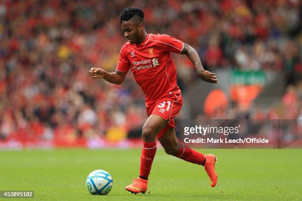Raheem Sterling of Liverpool in action during the pre-season friendly match between Liverpool and Borussia Dortmund at Anfield on August 10, 2014 in...