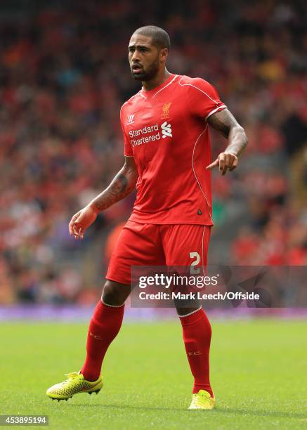 Glen Johnson of Liverpool in action during the pre-season friendly match between Liverpool and Borussia Dortmund at Anfield on August 10, 2014 in...