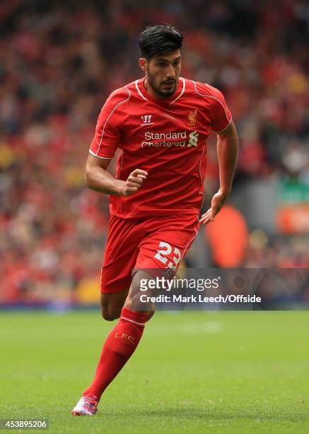 Emre Can of Liverpool in action during the pre-season friendly match between Liverpool and Borussia Dortmund at Anfield on August 10, 2014 in...