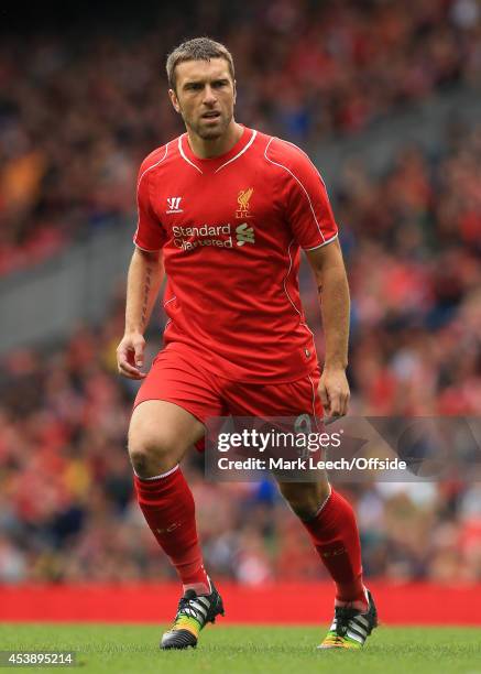 Rickie Lambert of Liverpool in action during the pre-season friendly match between Liverpool and Borussia Dortmund at Anfield on August 10, 2014 in...