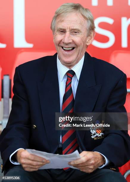 Eric Harrison sits in the dugout as manager during the pre-season friendly match between Salford City and the Class of '92 at the AJ Bell Stadium on...