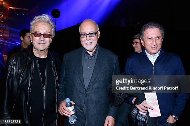 Lyricist Luc Plamondon, Rene Angelil and TV and Radio animator Michel Drucker attending Celine Dion's Concert at Palais Omnisports de Bercy on...