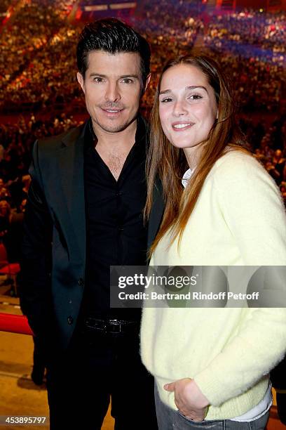 Singers Vincent Niclo and companion Camille Lou attending Celine Dion's Concert at Palais Omnisports de Bercy on December 5, 2013 in Paris, France.
