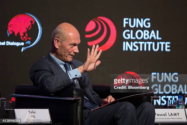 Pascal Lamy, former director general of the World Trade Organization , gestures as he speaks during the Asia-Global Dialogue conference in Hong Kong,...