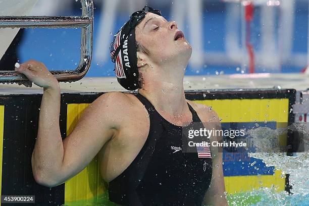 Cammile Adams of the USA celebrates winning the Women's 200m Butterfly final during day one of the 2014 Pan Pacific Championships at Gold Coast...