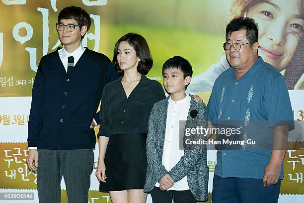 South Korean actors Gang Dong-Won, Song Hye-Kyo, Cho Sung-Mok and Baek Il-Sub attend the press screening of "My Brilliant Life" at CGV on August 21,...