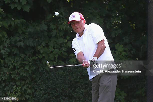 Radio DJ Stephan Lehmann plays a shot during the 19th FC Bayern Muenchen Charity Golf Cup at Golf Club Ingolstadt on August 21, 2014 in Ingolstadt,...