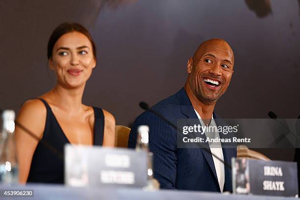 Actors Irina Shayk and Dwayne Johnson attend the press conference of Paramount Pictures 'HERCULES' at Hotel Adlon on August 21, 2014 in Berlin,...