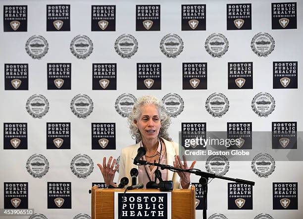 Dr. Barbara Ferrer at the podium, Executive director of Boston Public Health Commission. Boston Health and Medical leaders discuss plans should an...