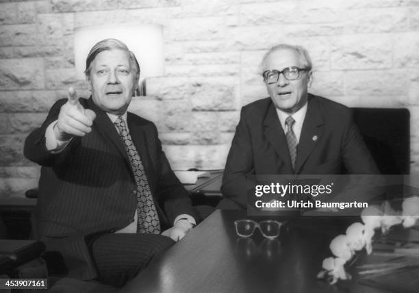 Chancellor Helmut Schmidt and Erich Honecker at the GDR guesthouse Doellnsee, on December 12, 1981 in Doellnsee, Germany.