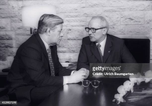 Chancellor Helmut Schmidt and Erich Honecker at the GDR guesthouse Doellnsee, on December 12, 1981 in Doellnsee, Germany.