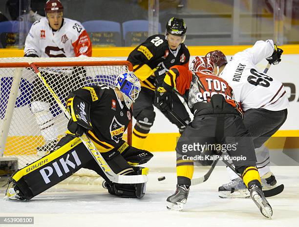 Kalpa's defence reacts during first period during the Champions Hockey League game between KalPa Kuopio and Sparta Prague at Data Group Areena on...