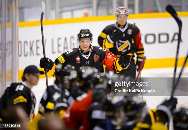 Jaakko Rissanen celerates his first goal in the game for 3-2 for the home team during the Champions Hockey League game between KalPa Kuopio and...