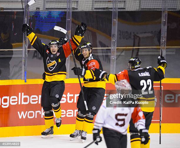 Kalpa Celebrates scoring during the Champions Hockey League game between KalPa Kuopio and Sparta Prague at Data Group Areena on August 21, 2014 in...