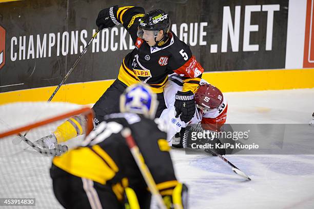 Faceoff after the puck during the Champions Hockey League game between KalPa Kuopio and Sparta Prague at Data Group Areena on August 21, 2014 in...