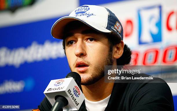 Chase Elliott, driver of the NAPA AUTO PARTS Chevrolet, speaks at a press conference at Bristol Motor Speedway on August 21, 2014 in Bristol,...