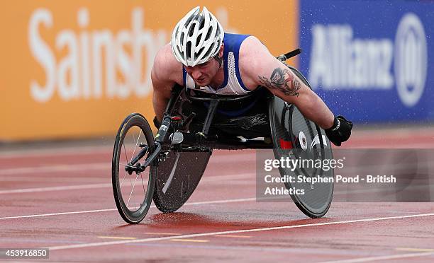 Mickey Bushell of Great Britain wins the Men's 200m T53 event during day three of the IPC Athletics European Championships at Swansea University...