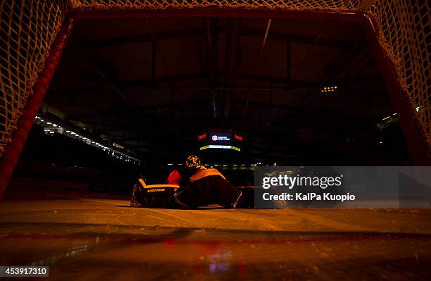 Kalpa Kuopios Goal Keeper Eero KilpelÃ¤inen few minutes before match starts during the Champions Hockey League game between KalPa Kuopio and Sparta...