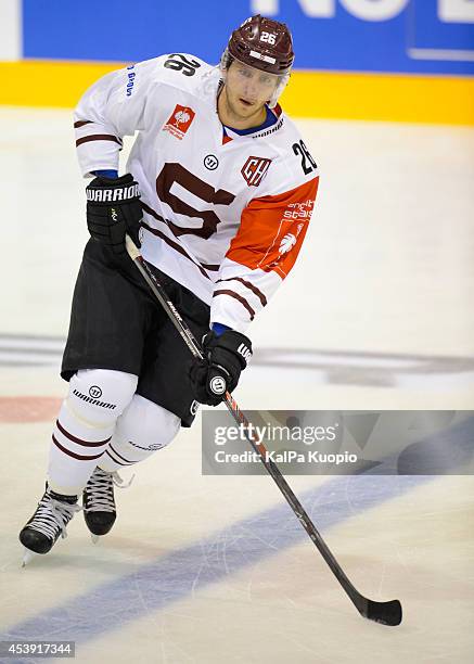 Juraj Mikus on warmup during the Champions Hockey League game between KalPa Kuopio and Sparta Prague at Data Group Areena on August 21, 2014 in...