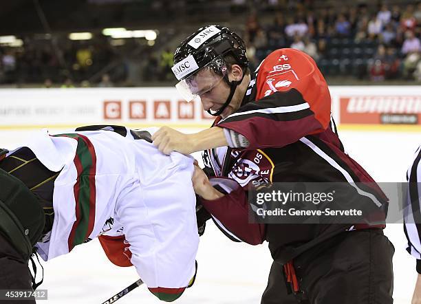 Tim Traber of Geneve-Servette clashes with Oscar Fantenberg of Frolunda Gothenburg during the Champions Hockey League group stage game between...