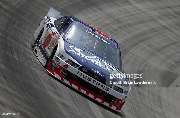 Trevor Bayne, driver of the AdvoCare Ford, drives during practice for the NASCAR Nationwide Series Food City 300 at Bristol Motor Speedway on August...