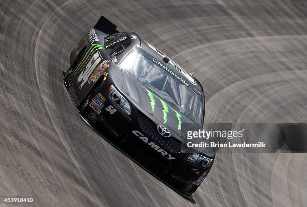 Kyle Busch, driver of the Monster Energy Toyota, drives during practice for the NASCAR Nationwide Series Food City 300 at Bristol Motor Speedway on...
