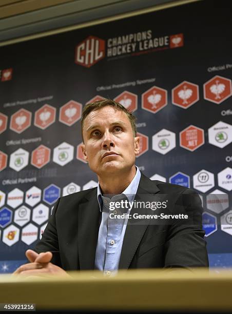 Roger Ronnberg , coach of Frolunda Gothenburg at the press conference after the Champions Hockey League group stage game between Geneve-Servette and...