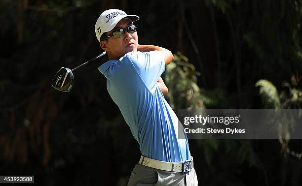Michael Kim hits his drive on the seventh hole during the first round of the WinCo Foods Portland Open presented by Kraft at Witch Hollow at Pumpkin...